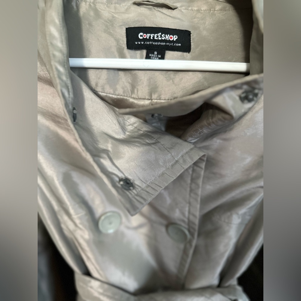 Coffee Shop NYC Metallic‎ Silver Trench Coat Double Breasted Puff Hem​ - Picture 3 of 6